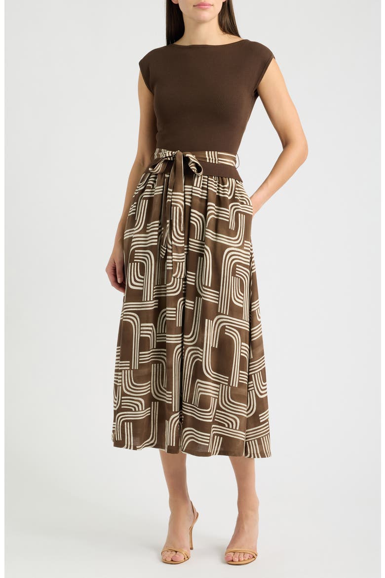 Twofer Tie Waist Midi Dress, Main, color, BROWN