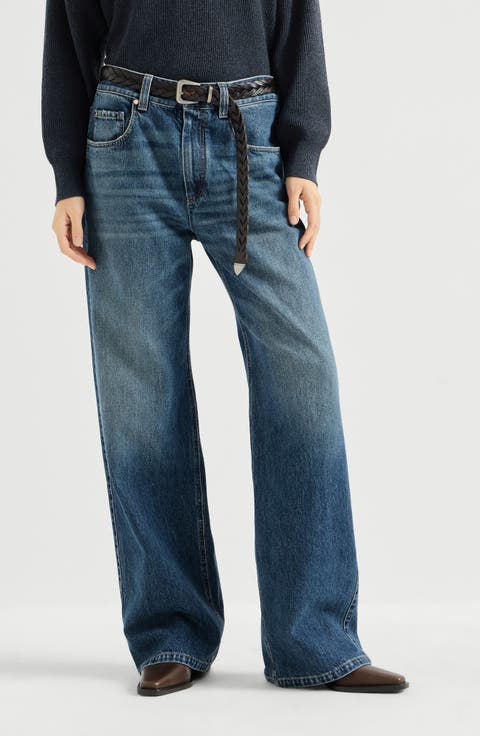 Authentic denim contemporary loose trousers with monili