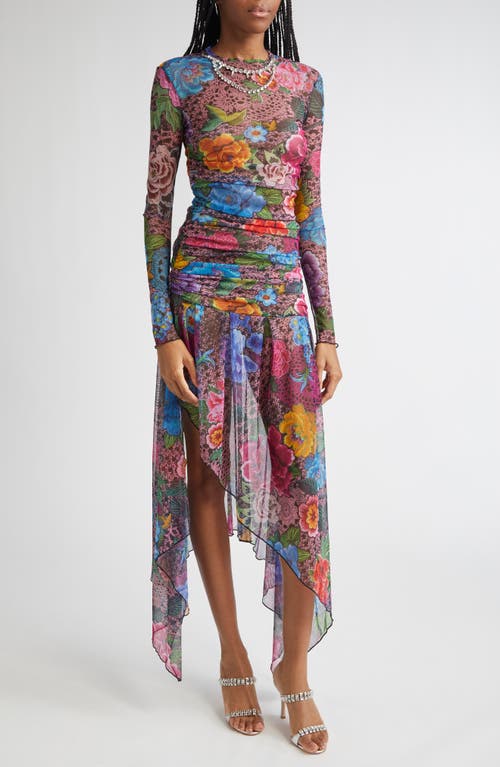 Area Crystal Embellished Floral Long Sleeve Tulle Midi Dress In Multi
