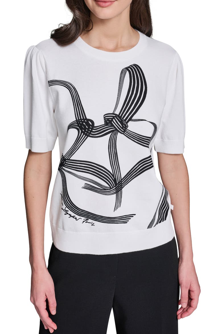 Bow Print Short Sleeve Cotton Sweater, Main, color, SOFT WHITE/ BLACK