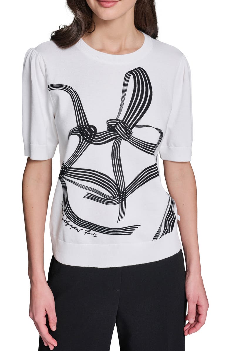 KARL LAGERFELD PARIS Bow Print Short Sleeve Cotton Sweater, Main, color, 