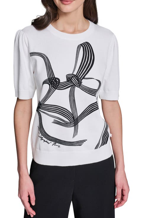 Bow Print Short Sleeve Cotton Sweater