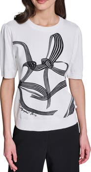 KARL LAGERFELD PARIS Bow Print Short Sleeve Cotton Sweater