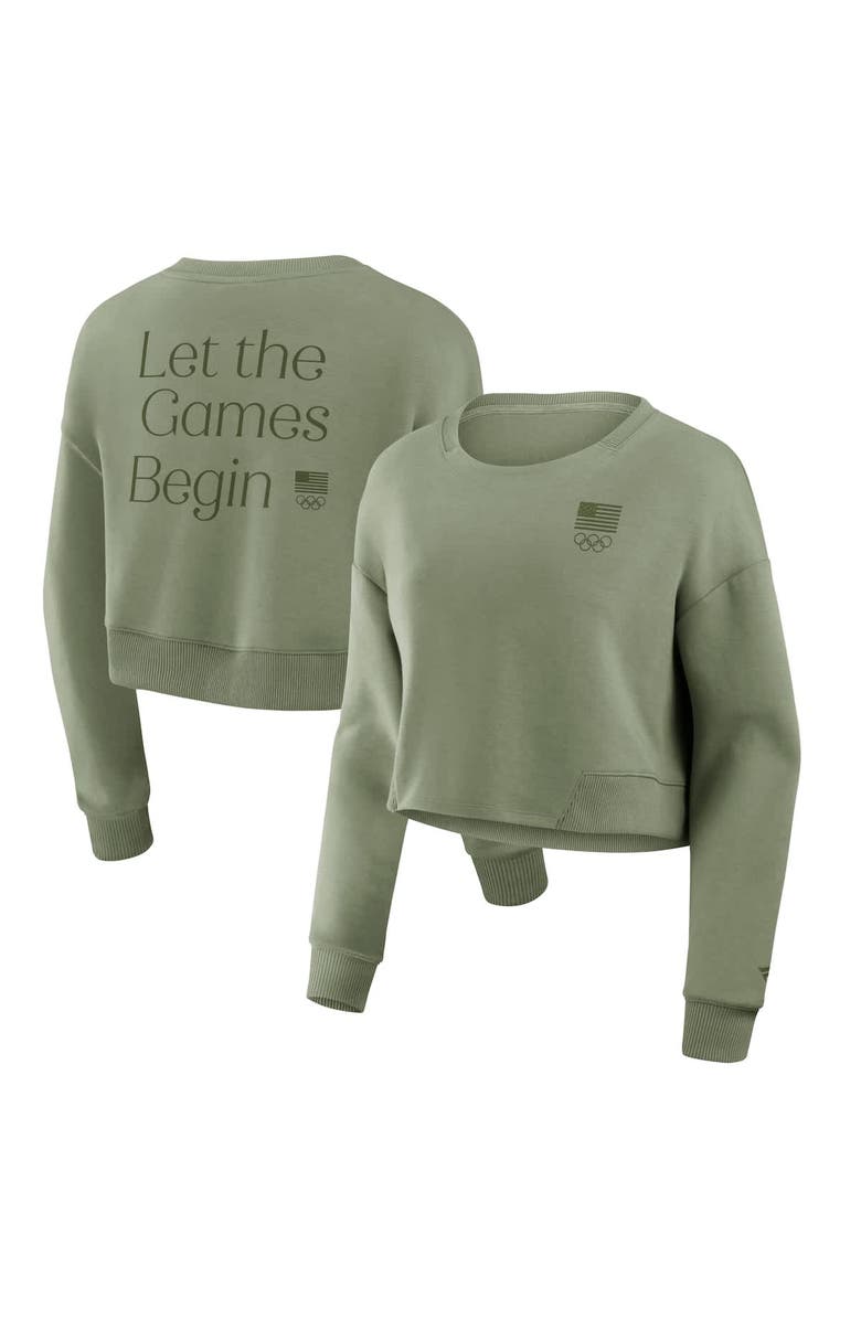 FANATICS Women's Fanatics  Olive Team USA Studio Tri-Blend Cropped Pullover Sweatshirt, Main, color, Olive