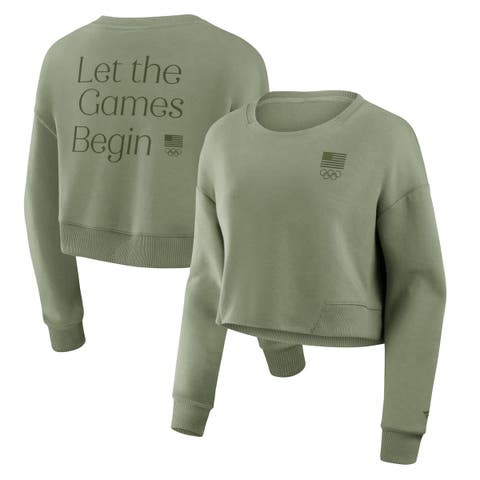 Women's Fanatics  Olive Team USA Studio Tri-Blend Cropped Pullover Sweatshirt