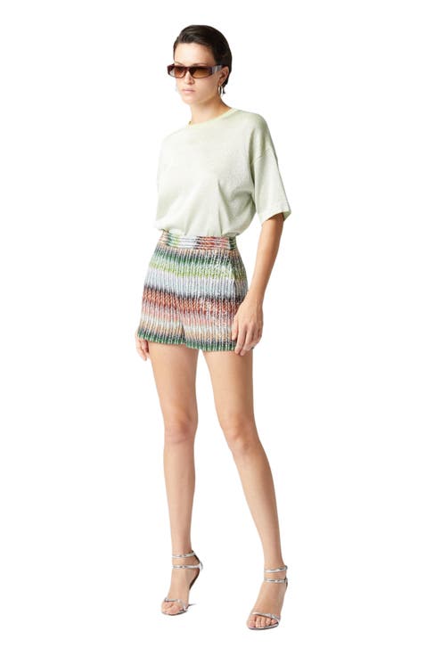 Gradient Zig Zag Knit Shorts With Sequins