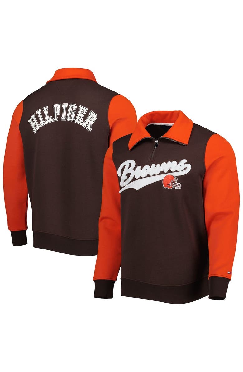 Tommy Hilfiger Men's Tommy Hilfiger Brown/Orange Cleveland Browns Aiden Quarter-Zip Sweatshirt, Main, color, Brown