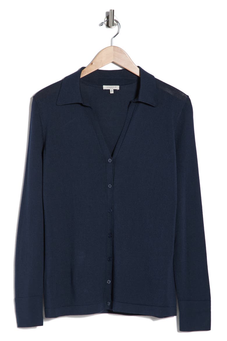 Cotton & Silk Slim Polo Cardigan, Alternate, color, LIDO BLUE