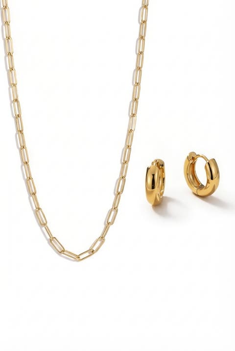 Classic Chain 18K Gold Plated Necklace And Huggie Earring Set