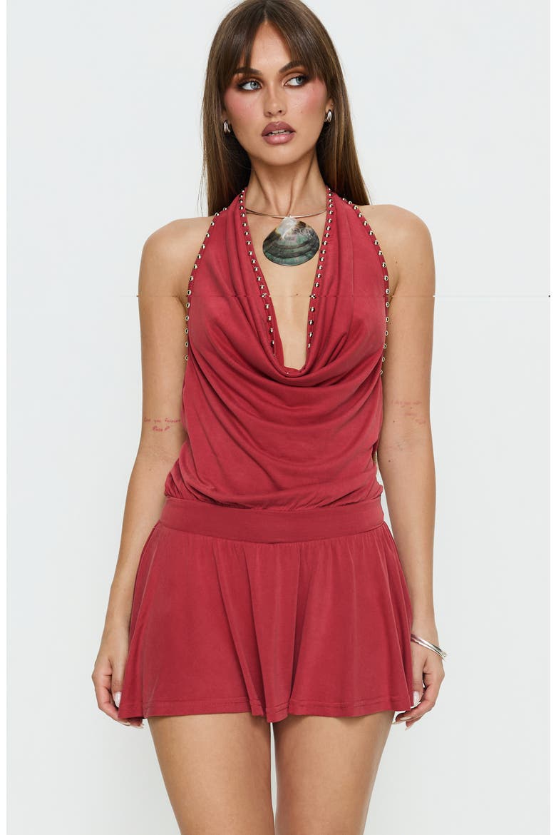 Khoda Studded Cowl Neck Open Back Halter Minidress, Alternate, color, BURGUNDY