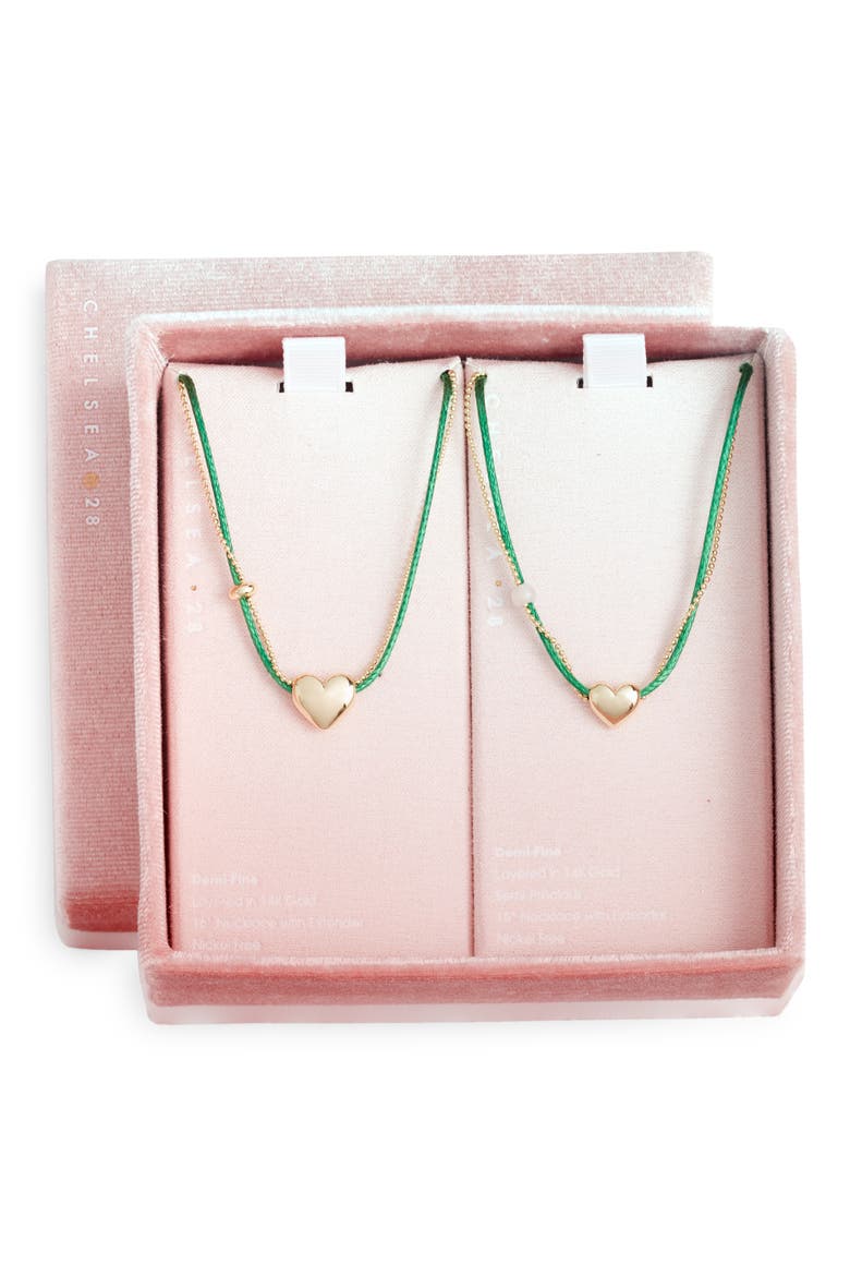 Gift Boxed Set of 2 Demi Fine Mommy & Me Heart Cord Pendant Necklaces, Main, color, GREEN MULTI- GOLD