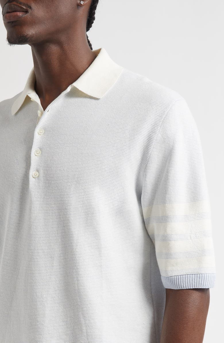 Thom Browne Relaxed Fit 4-Bar Textured Stripe Linen & Cotton Polo Sweater, Alternate, color, Light Blue