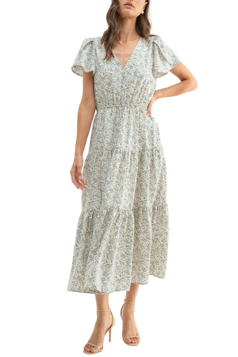 Tulip Sleeve Midi Dress, Main, color, OFF WHITE/ BLUE