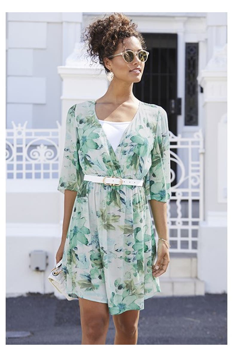 LASCANA Women's Floral Layered Look Dress, Alternate, color, Blue Multi