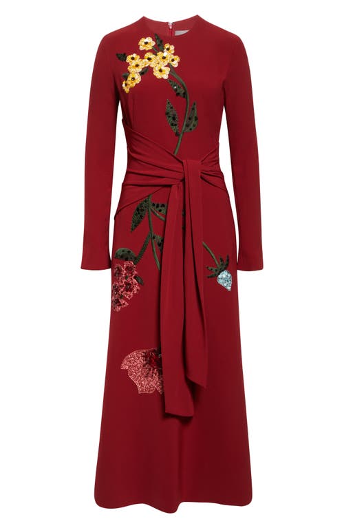 Lela Rose Floral Embroidered Long Sleeve Knit Dress In Burgundy