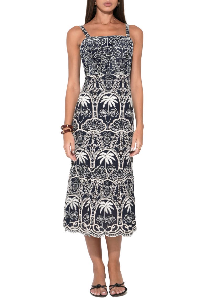 Evangeline Embroidered Scalloped Hem Cotton Midi Dress, Main, color, NAVY/ IVORY