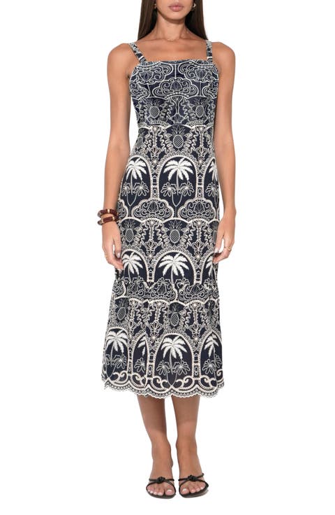 Evangeline Embroidered Scalloped Hem Cotton Midi Dress