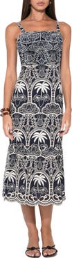 Adelyn Rae Evangeline Embroidered Scalloped Hem Cotton Midi Dress