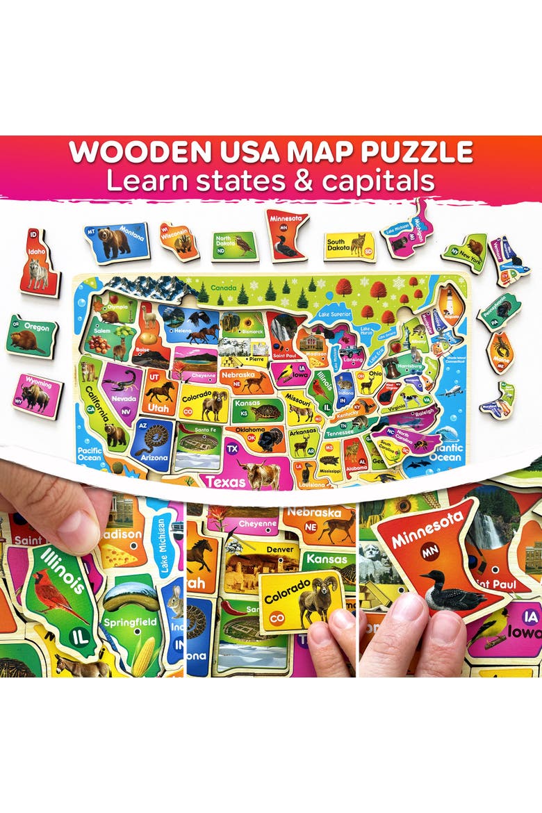 Kids Educational Map Puzzle Set - USA, World Map & Solar System Themes, Alternate, color, USA Wooden Map