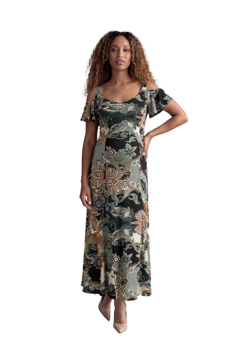 Maternity Elevate Paisley Print Soft V-Neck Cold Sholder Ruffle Sleeve A-Line Maxi Dress, Main, color, Green Multi