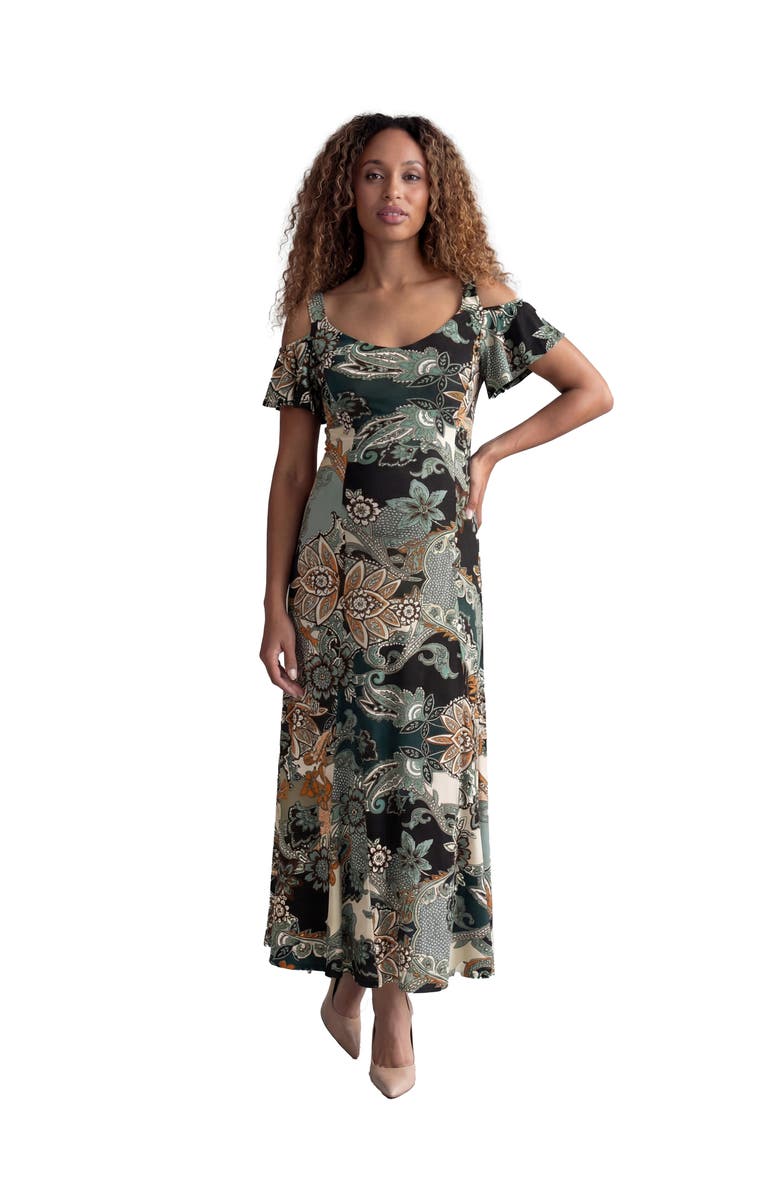24seven Comfort Apparel Maternity Elevate Paisley Print Soft V-Neck Cold Sholder Ruffle Sleeve A-Line Maxi Dress, Main, color, Green Multi