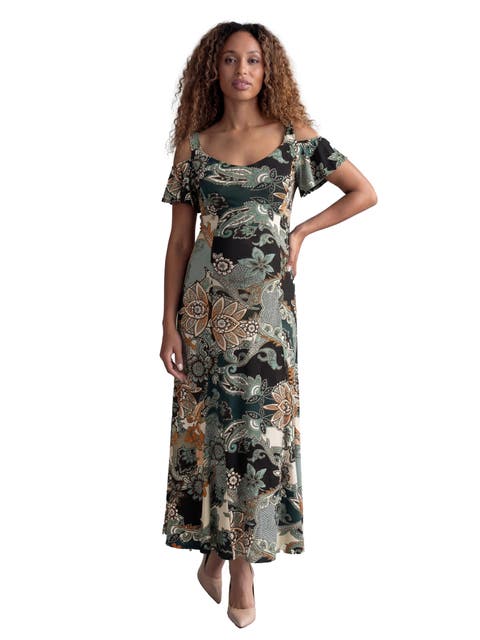 Maternity Elevate Paisley Print Soft V-Neck Cold Sholder Ruffle Sleeve A-Line Maxi Dress