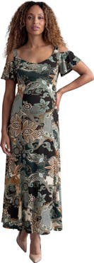 24seven Comfort Apparel Maternity Elevate Paisley Print Soft V-Neck Cold Sholder Ruffle Sleeve A-Line Maxi Dress