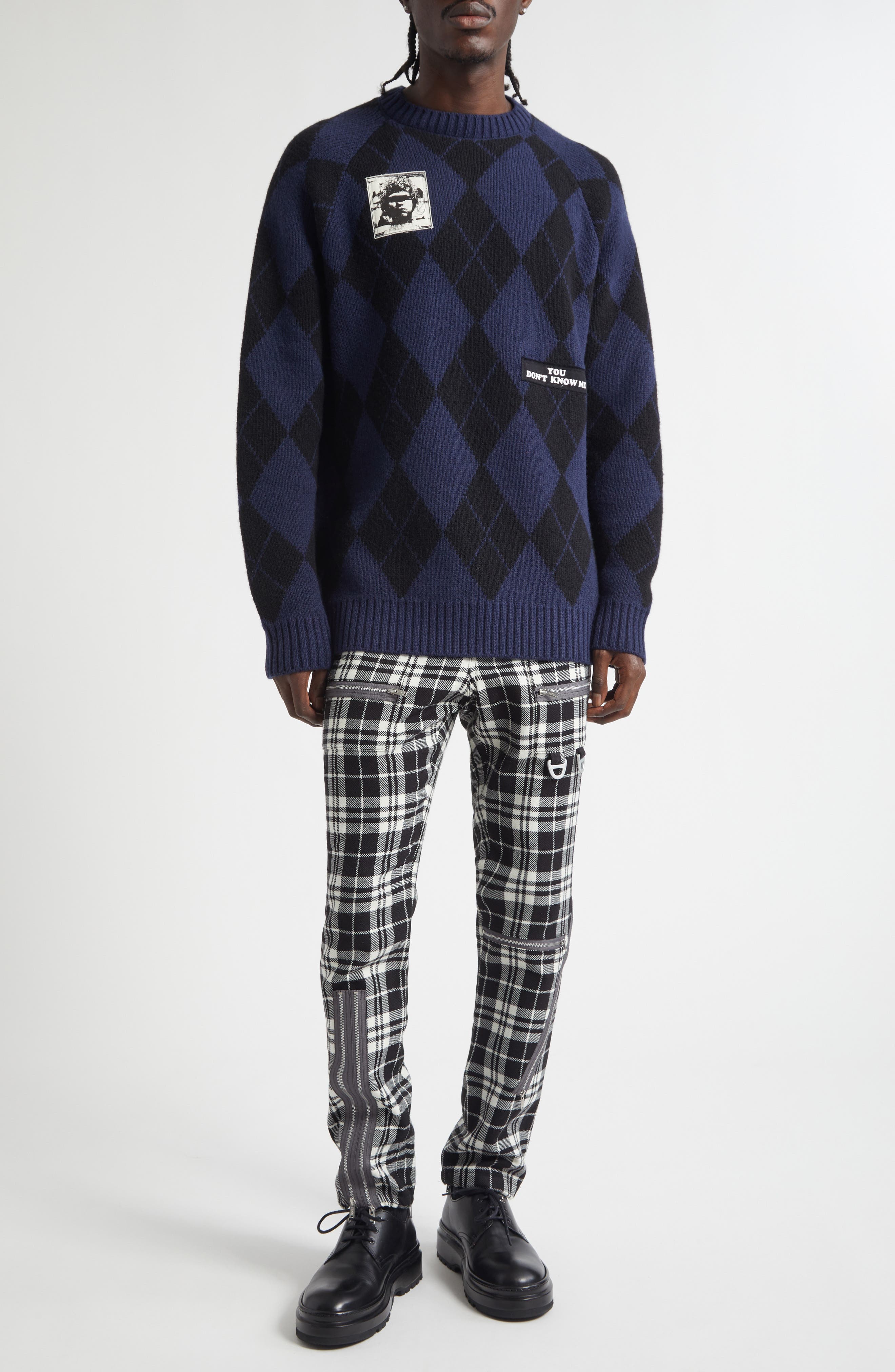 Embroidered Patch Argyle Plaid Wool Blend Sweater - image 2
