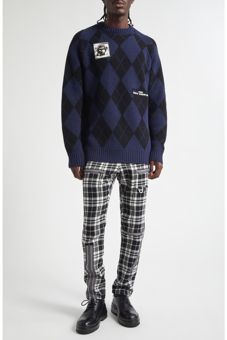 Embroidered Patch Argyle Plaid Wool Blend Sweater, Alternate, color, NAVY BASE