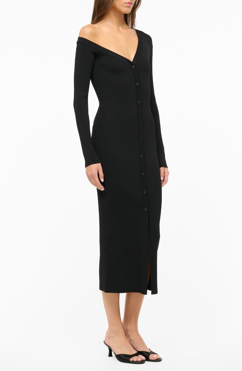 STAUD Craftsman One-Shoulder Long Sleeve Rib Midi Dress, Alternate, color, Black
