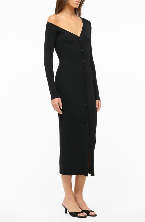 Staud Craftsman One-shoulder Long Sleeve Rib Midi Dress In Black