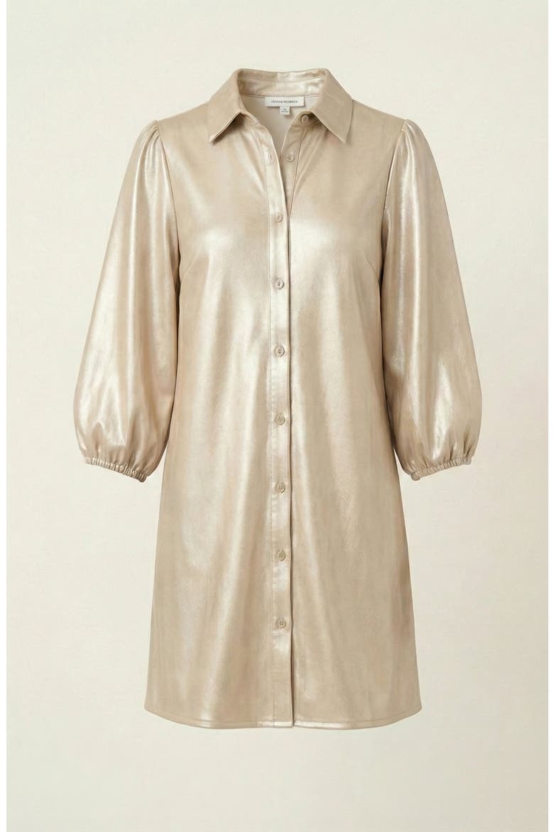Satin Button-Up Shirt Dress with Puff Sleeves and Collar, Alternate, color, Champagne
