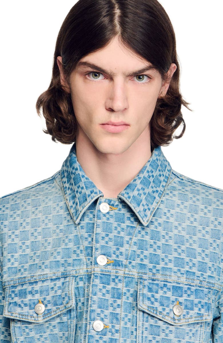 SANDRO Square Cross denim jacket, Alternate, color, Sky Blue