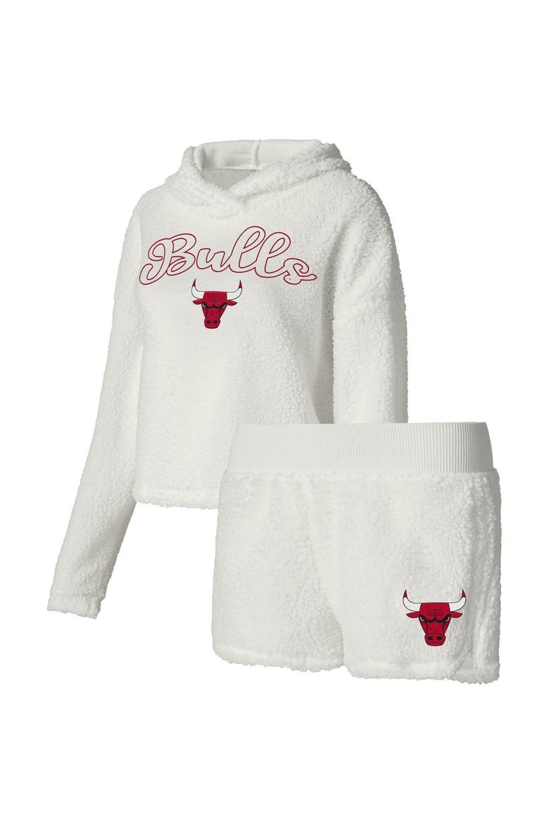 Women's College Concepts Cream Chicago Bulls Fluffy Long Sleeve Hoodie T-Shirt & Shorts Sleep Set, Main, color, White
