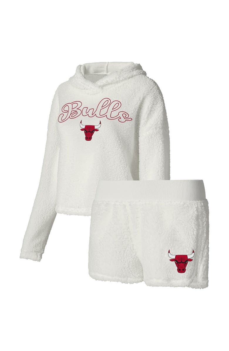 College Concepts Women's College Concepts Cream Chicago Bulls Fluffy Long Sleeve Hoodie T-Shirt & Shorts Sleep Set, Main, color, White