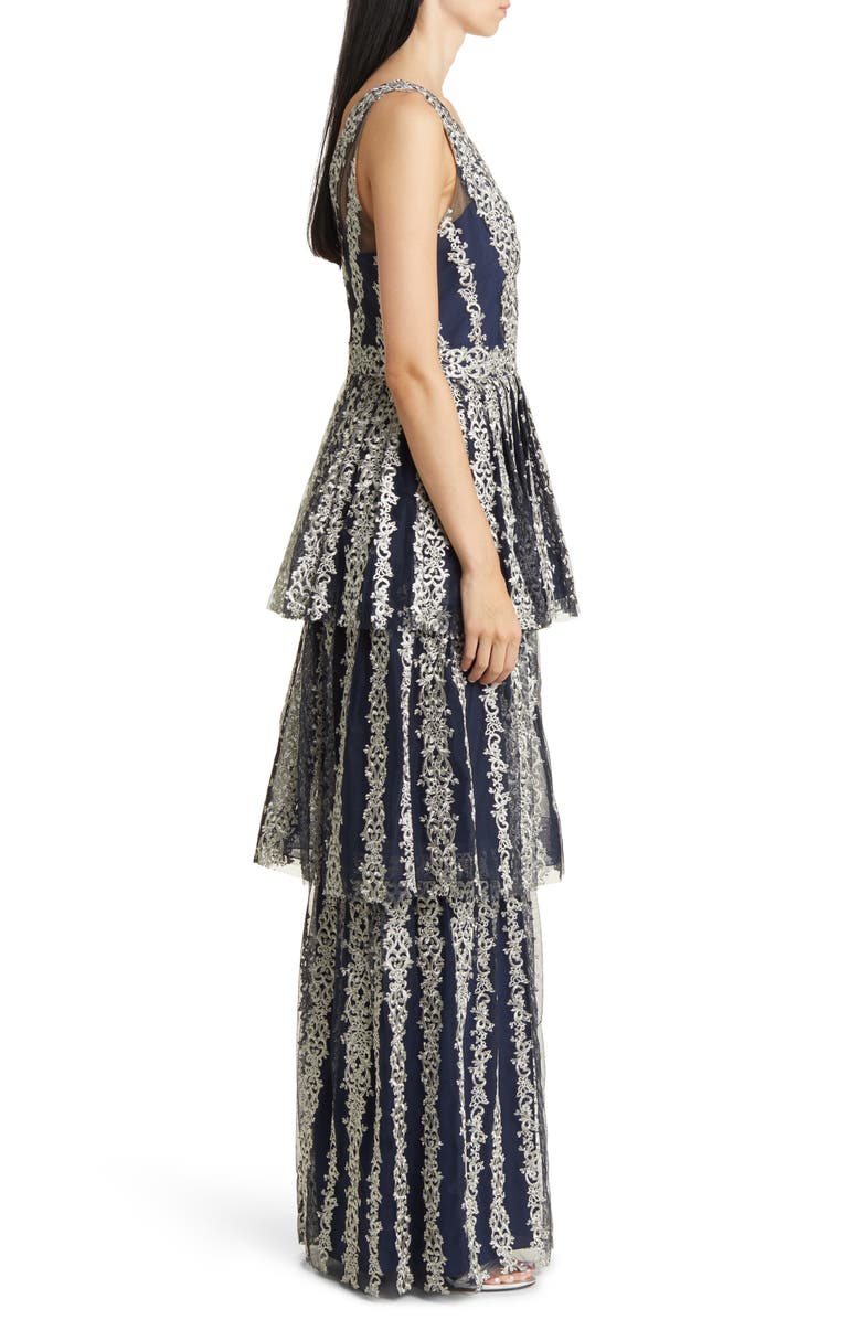 Marchesa Notte Metallic Embroidery Tiered Gown, Alternate, color,