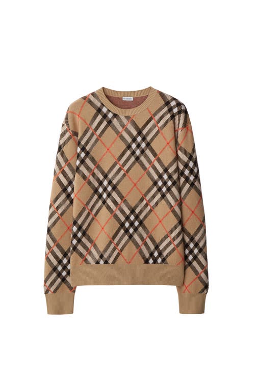 Burberry Plaid Crewneck Sweater With Ribbed Trims In Brown