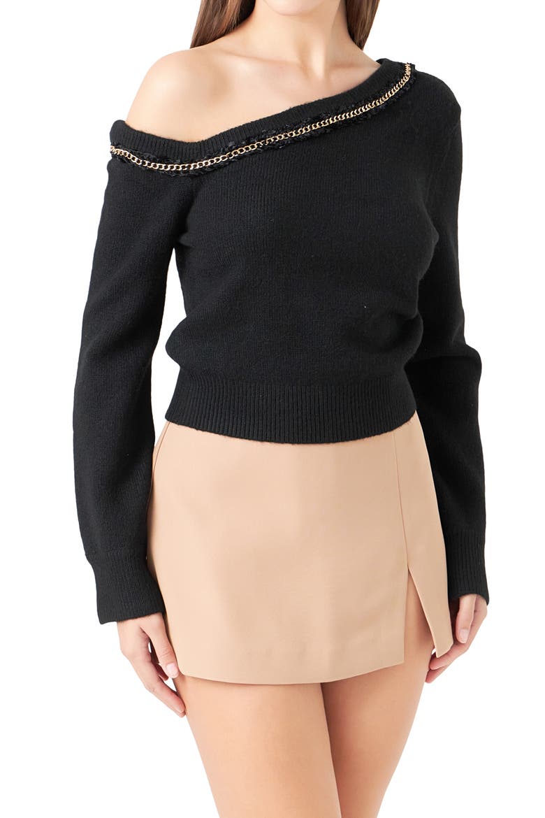 Chain Trim One-Shoulder Sweater, Alternate, color, BLACK