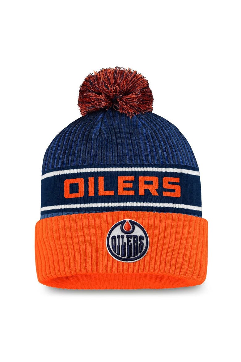 Men's Fanatics Branded Navy/Orange Edmonton Oilers Authentic Pro Locker Room Cuffed Knit Hat with Pom, Main, color, Navy