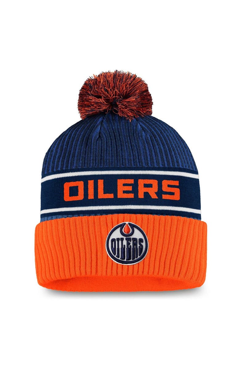 FANATICS Men's Fanatics Branded Navy/Orange Edmonton Oilers Authentic Pro Locker Room Cuffed Knit Hat with Pom, Main, color, 