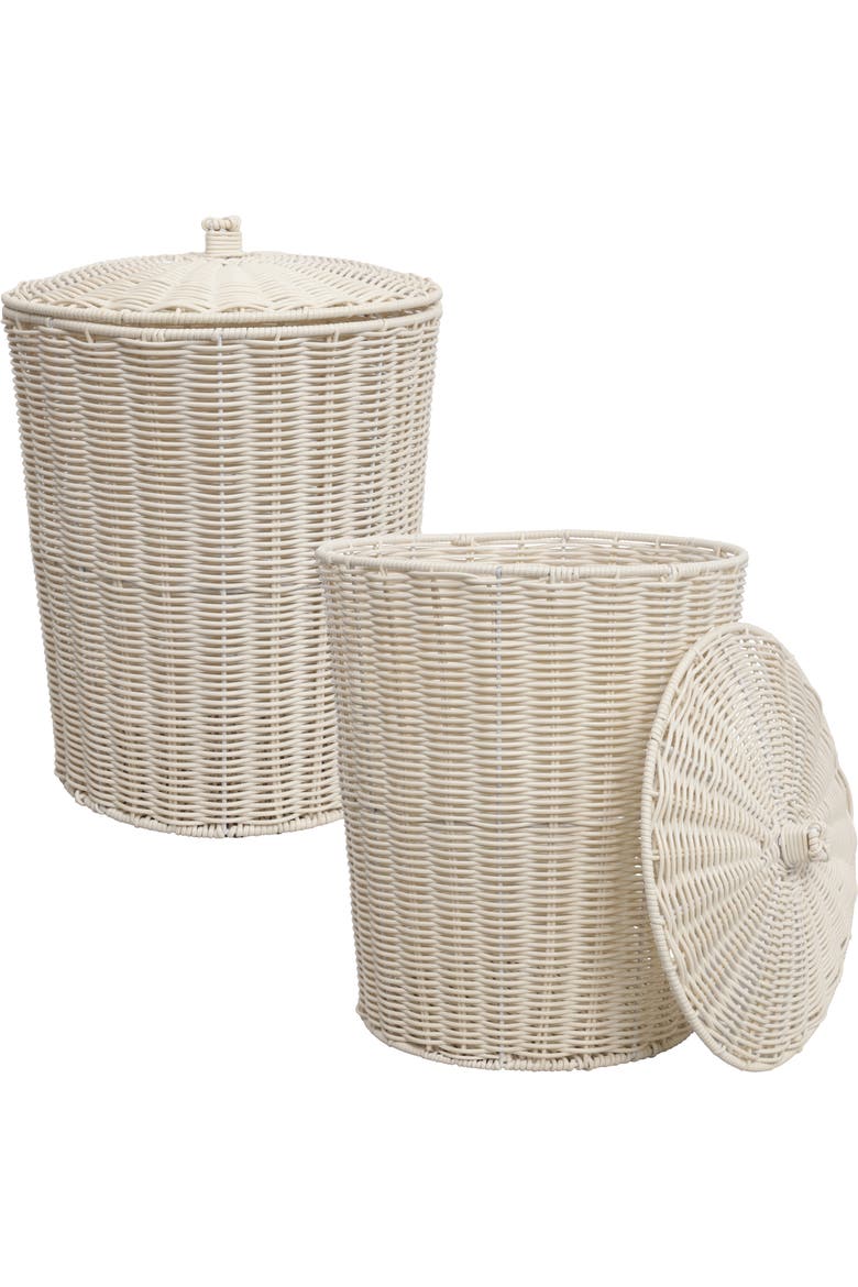 Resin 4.7-Gallon Tapered Round Wicker Watebasket with Lid, Main, color, White