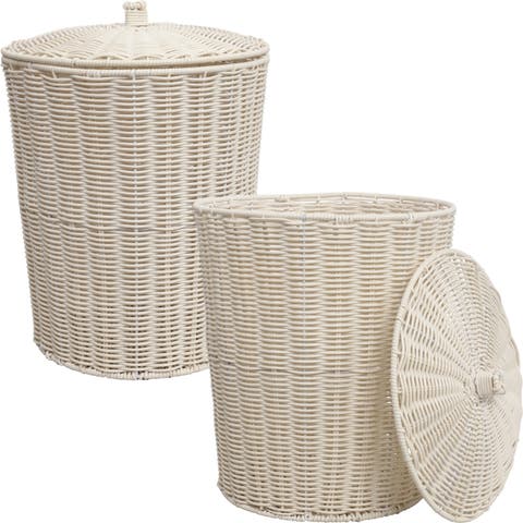 Resin 4.7-Gallon Tapered Round Wicker Watebasket with Lid (Set of 2)
