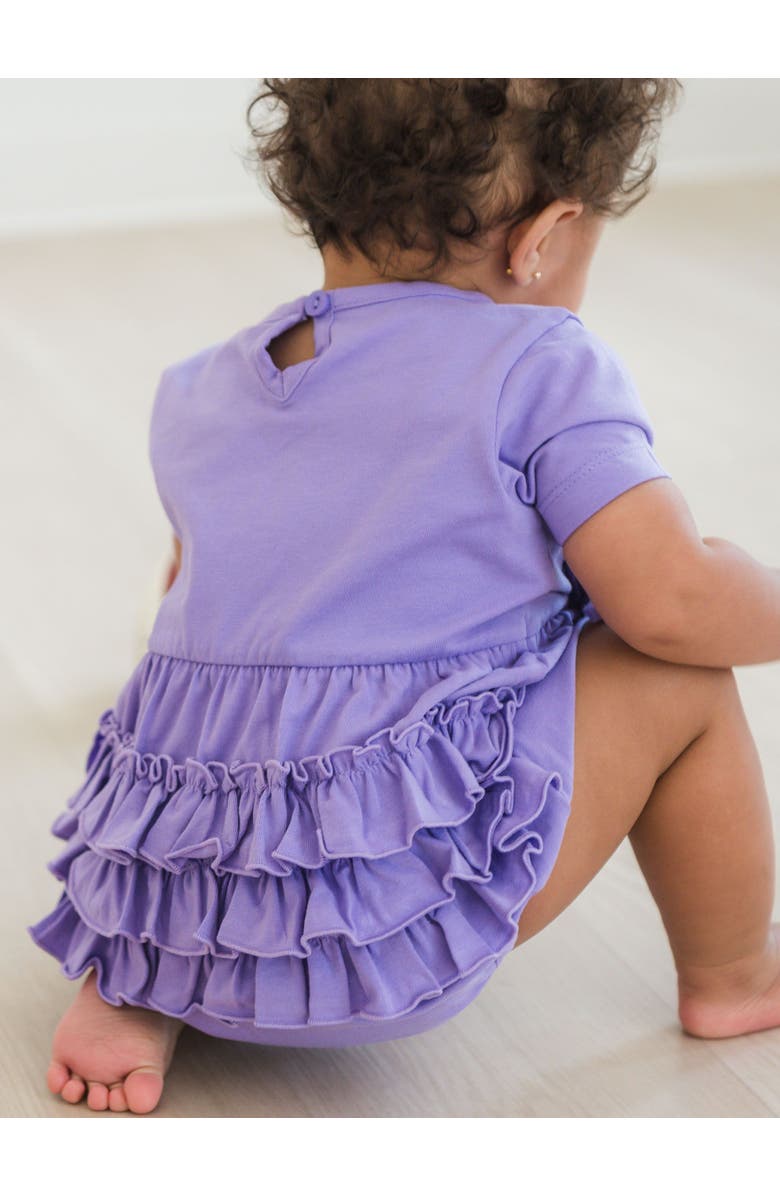 RuffleButts Knit Short Sleeve Bow Bubble Romper, Alternate, color, Wisteria Purple