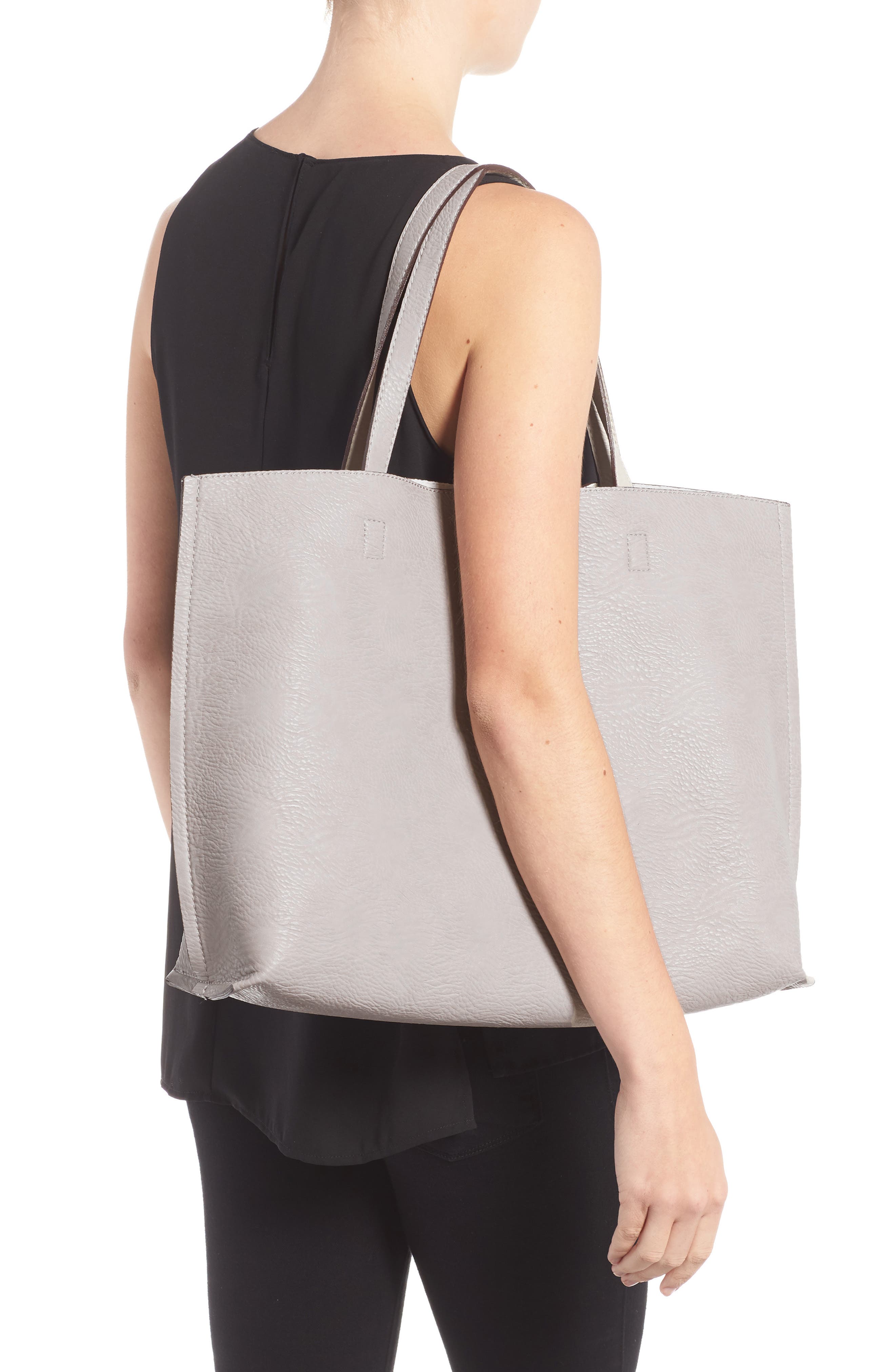 Reversible Faux Leather Tote & Wristlet, Alternate, color, GREY/ IVORY