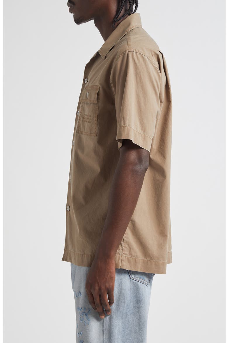 Embroidered Numeric Logo Short Sleeve Button-Up Shirt, Alternate, color, DUNE