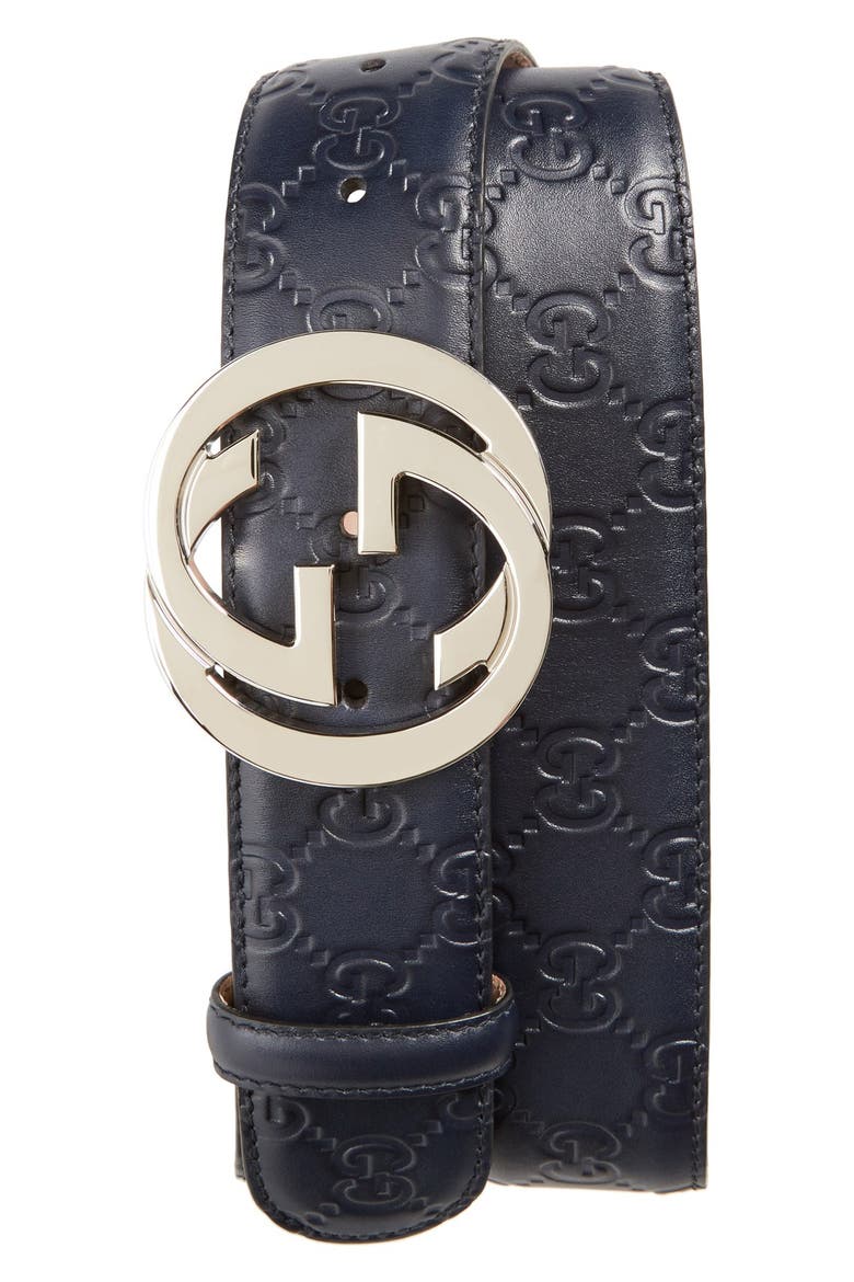 Interlocking G Buckle Logo Embossed Leather Belt, Alternate, color, BLUE