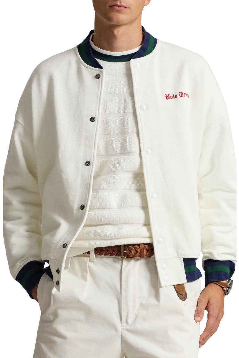 Relaxed Fit Fleece Baseball Jacket, Main, color, WHITE