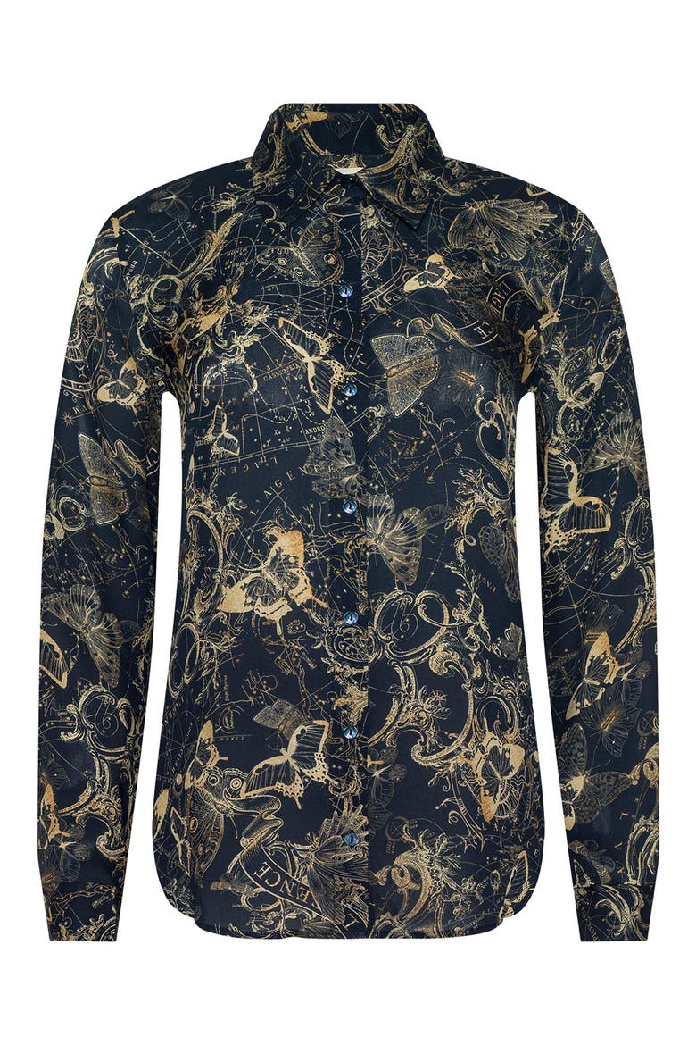 Nina Zodiac Toile Print Silk Button-Up Shirt, Alternate, color, MIDNIGHT/ GOLD ZODIAC TOILE
