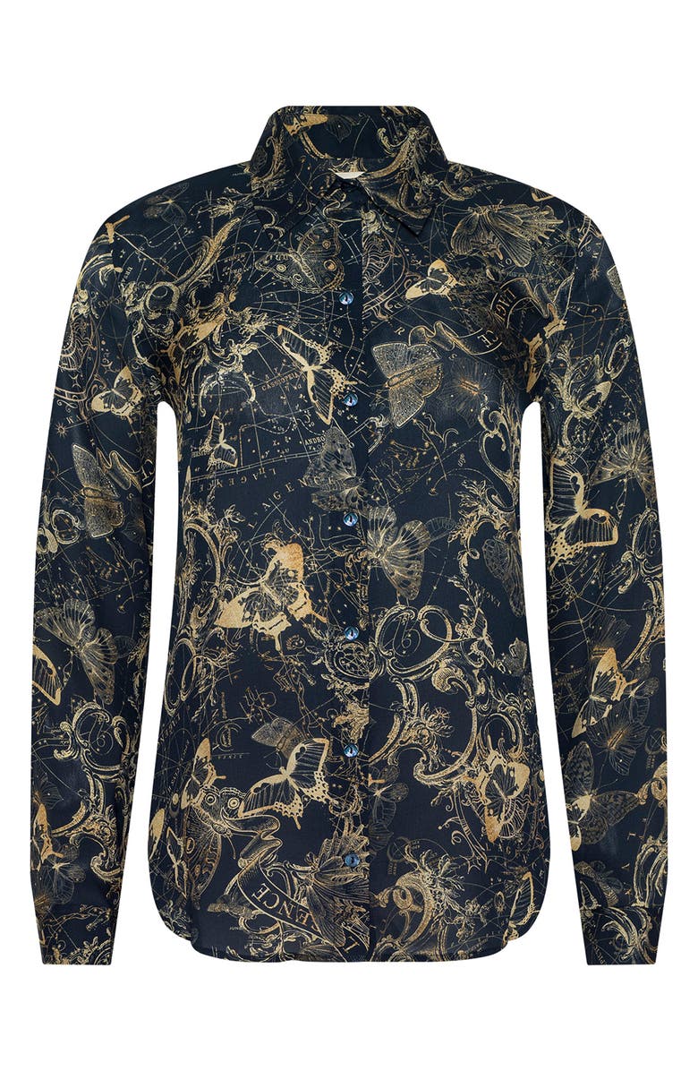 L'AGENCE Nina Zodiac Toile Print Silk Button-Up Shirt, Alternate, color, Midnight/ Gold Zodiac Toile