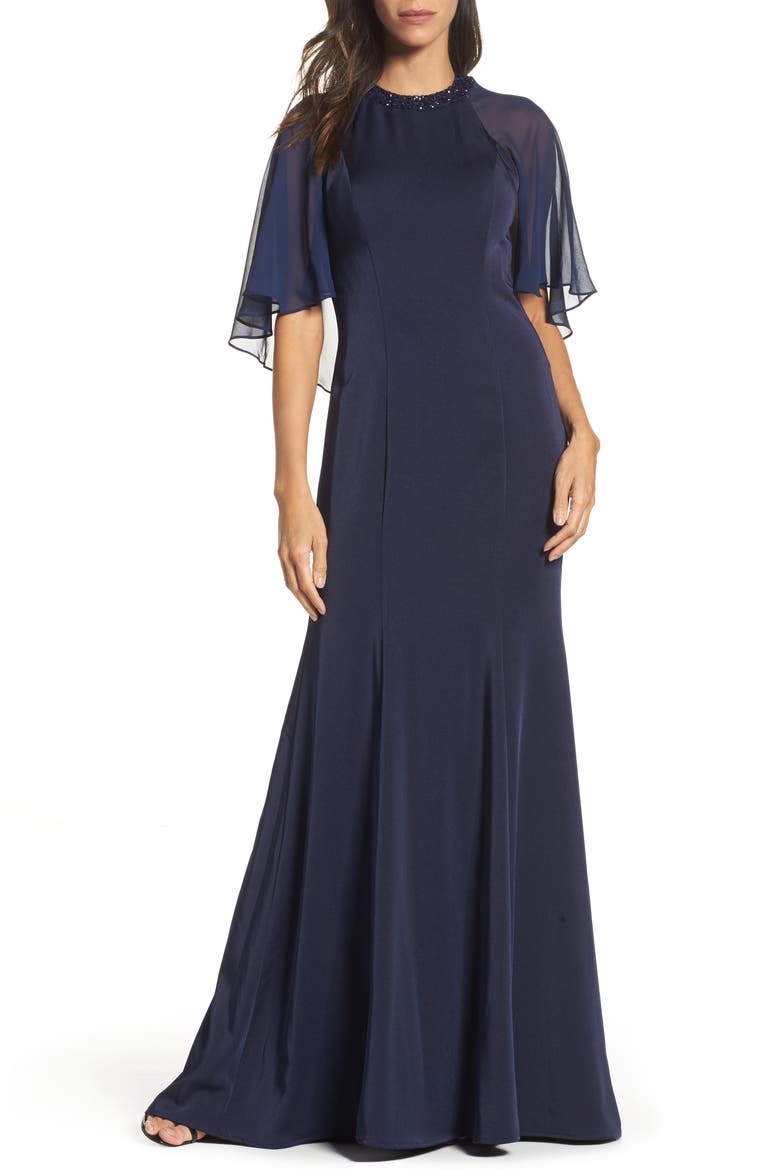 Illusion Cape Trumpet Gown, Main, color, NAVY